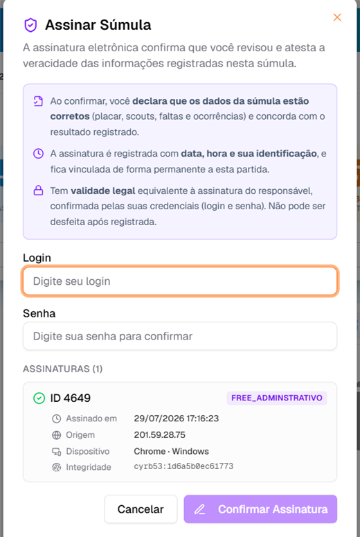 Janela Assinar Súmula: aviso sobre o que a assinatura significa, campos Login e Senha, e lista de assinaturas já registradas.